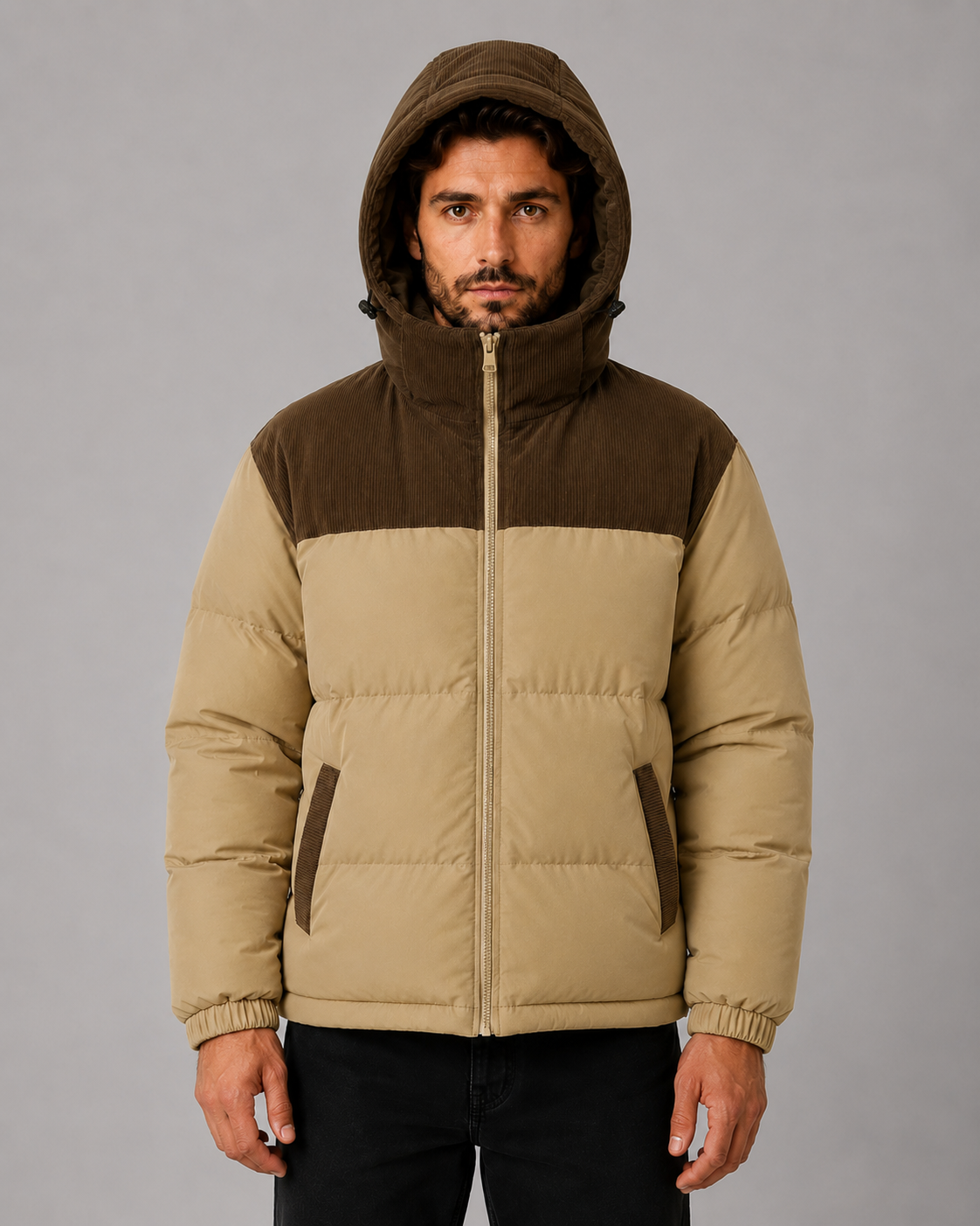 Men's Colour Block Hooded Puffer Jacket with Corduroy Panels