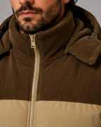 Men's Colour Block Hooded Puffer Jacket with Corduroy Panels