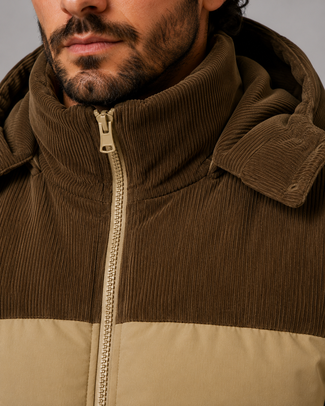 Men's Colour Block Hooded Puffer Jacket with Corduroy Panels