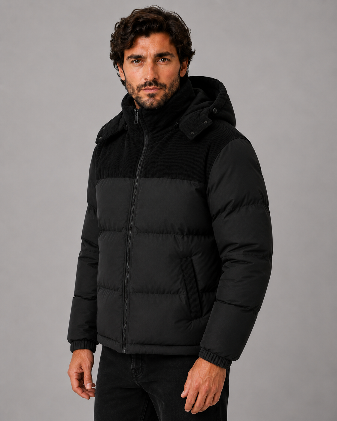 Men's Colour Block Hooded Puffer Jacket with Corduroy Panels