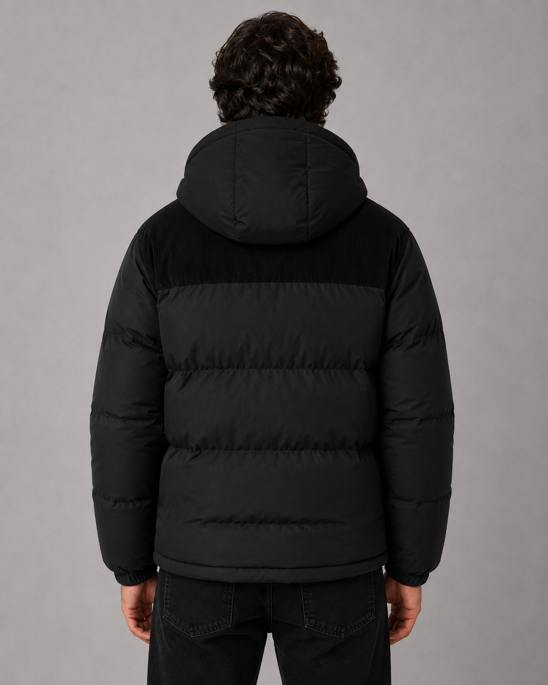 Men's Colour Block Hooded Puffer Jacket with Corduroy Panels