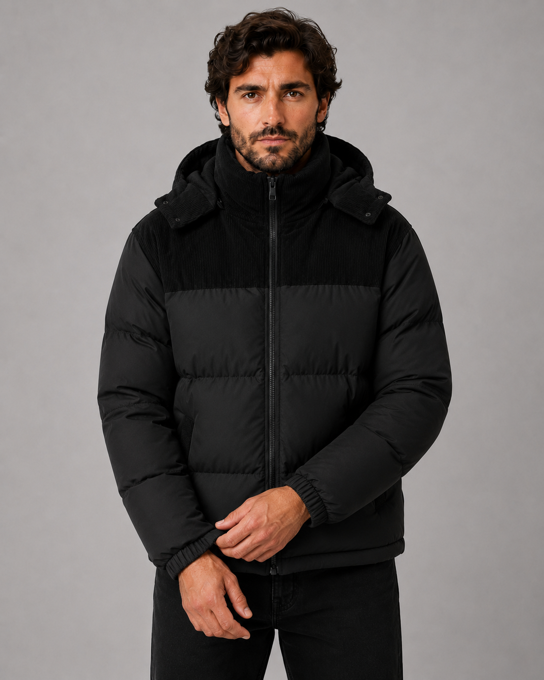 Men's Colour Block Hooded Puffer Jacket with Corduroy Panels