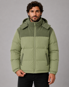 Men's Colour Block Hooded Puffer Jacket with Corduroy Panels