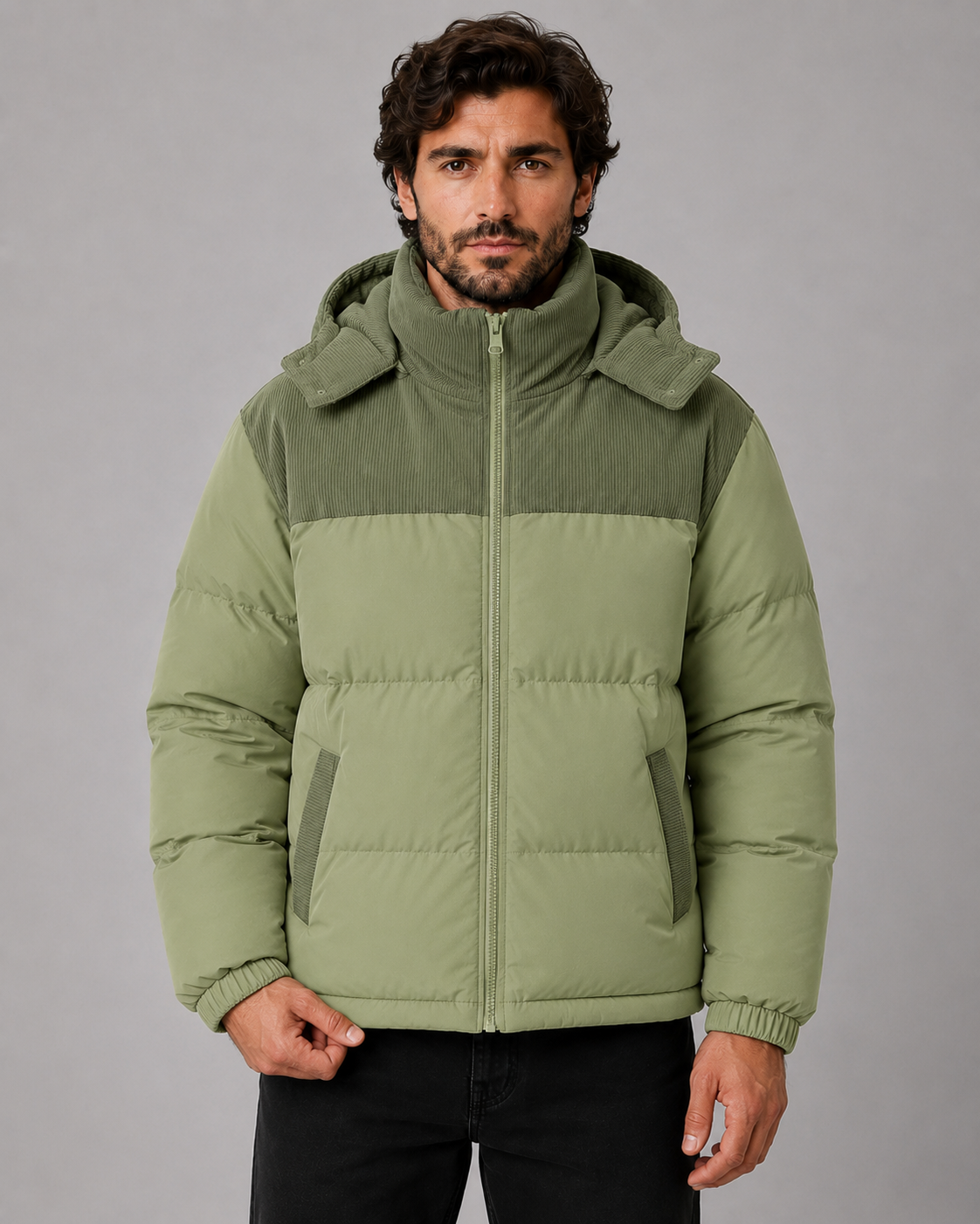 Men's Colour Block Hooded Puffer Jacket with Corduroy Panels