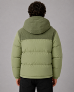 Men's Colour Block Hooded Puffer Jacket with Corduroy Panels