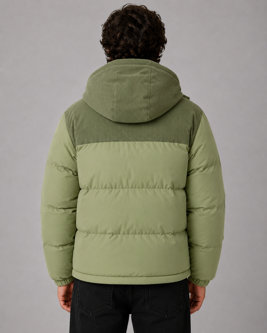 Men's Colour Block Hooded Puffer Jacket with Corduroy Panels