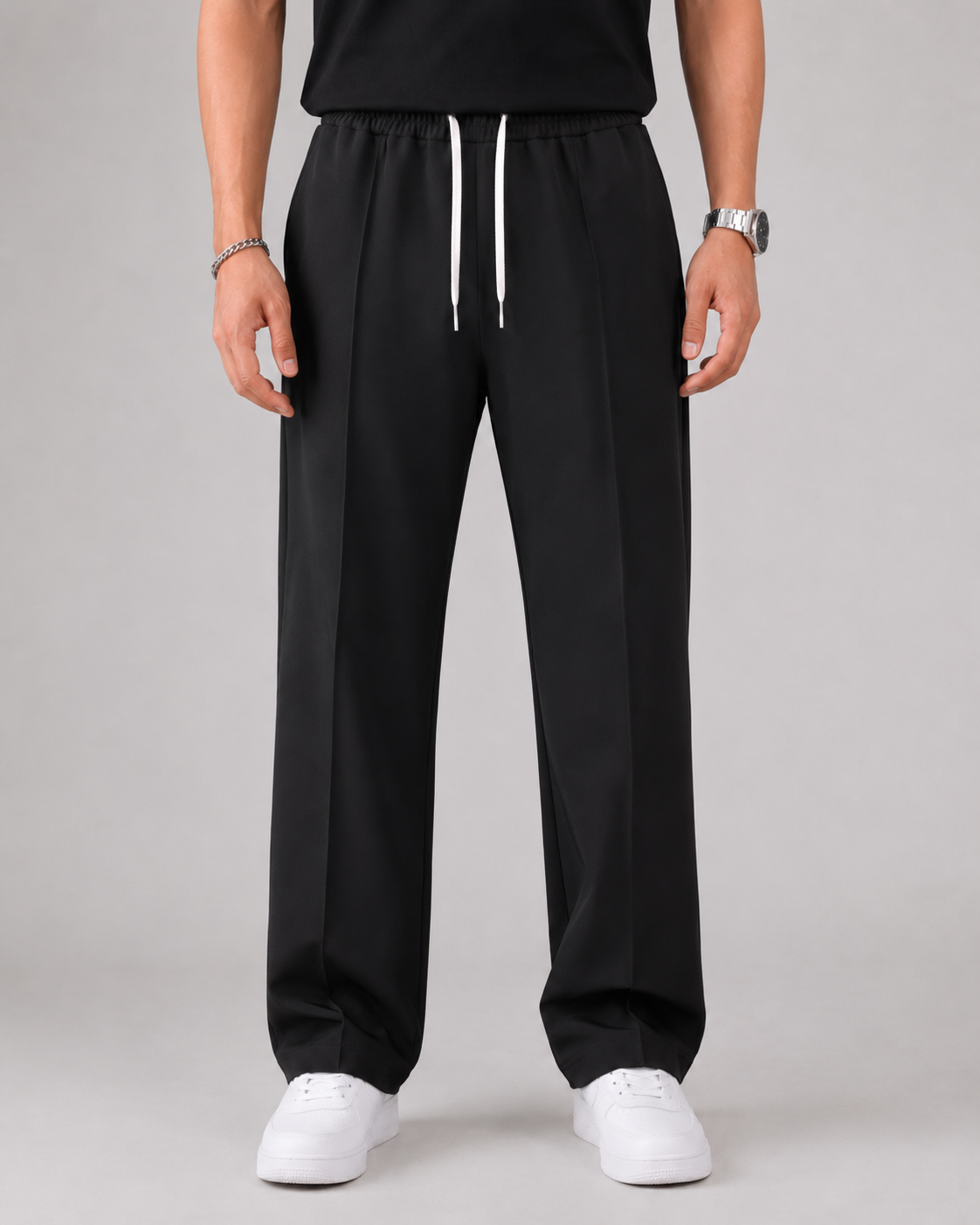 Men's Elasticated Waist Drawstring Trousers Smart Relaxed Leg