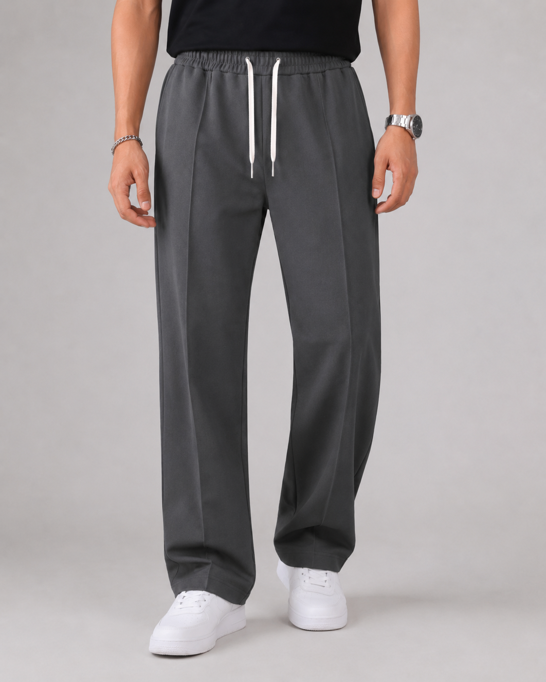 Men's Elasticated Waist Drawstring Trousers Smart Relaxed Leg