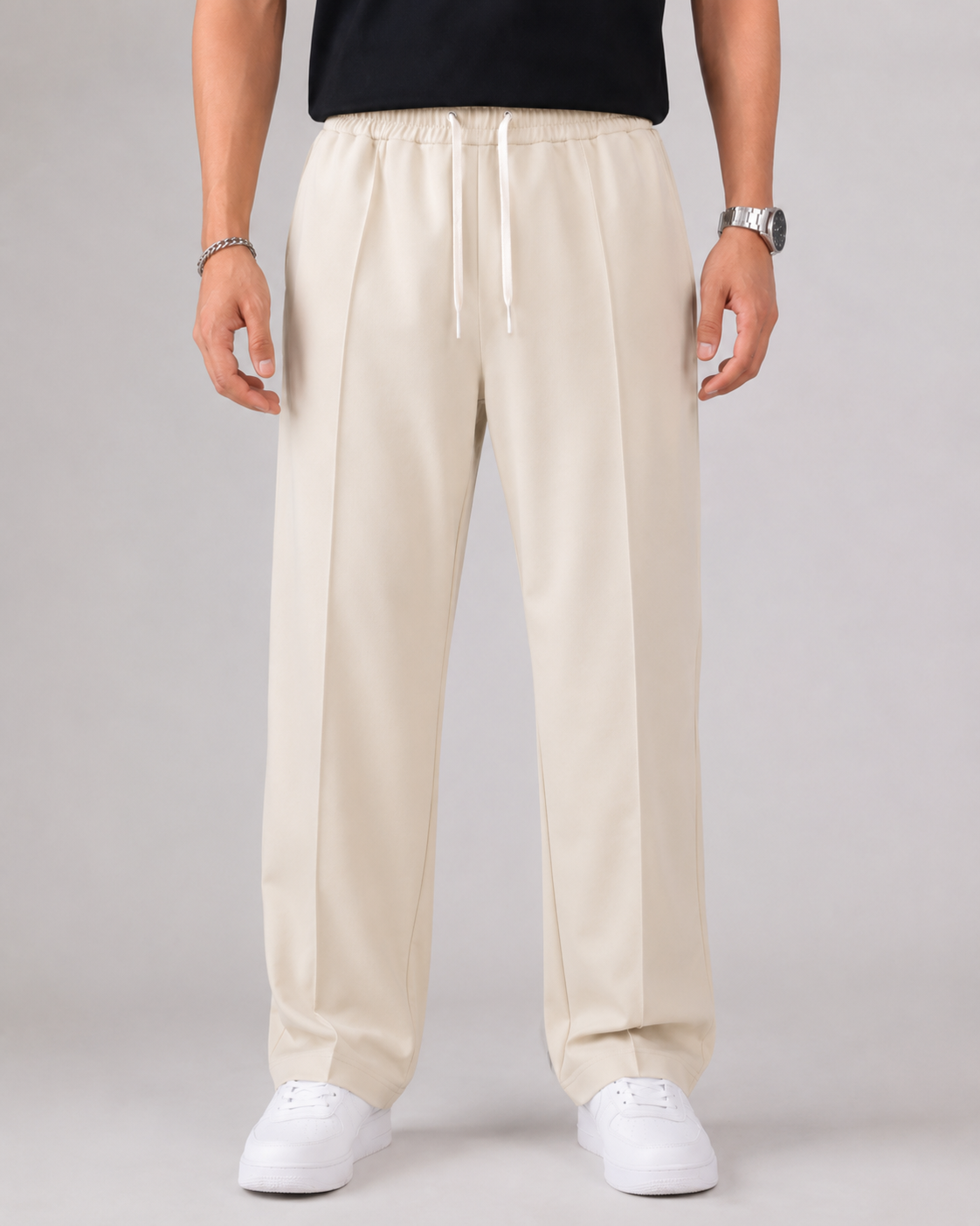 Men's Elasticated Waist Drawstring Trousers Smart Relaxed Leg