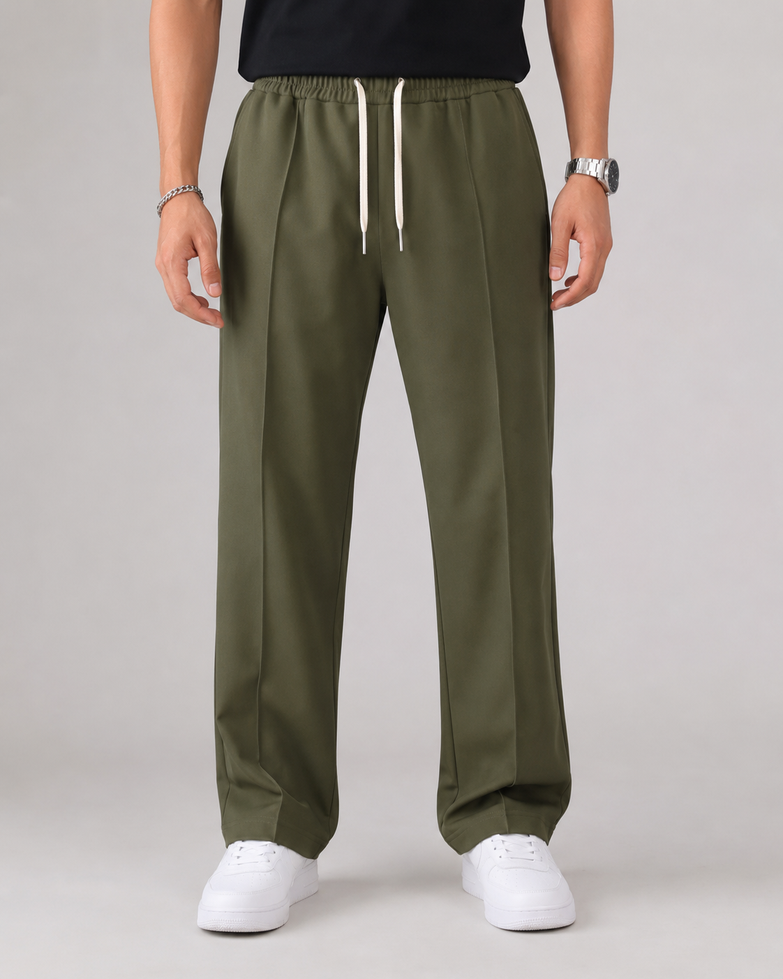 Men's Elasticated Waist Drawstring Trousers Smart Relaxed Leg