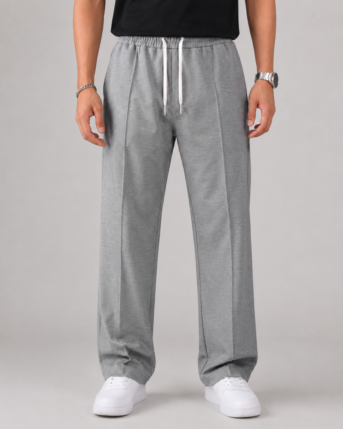 Men's Elasticated Waist Drawstring Trousers Smart Relaxed Leg