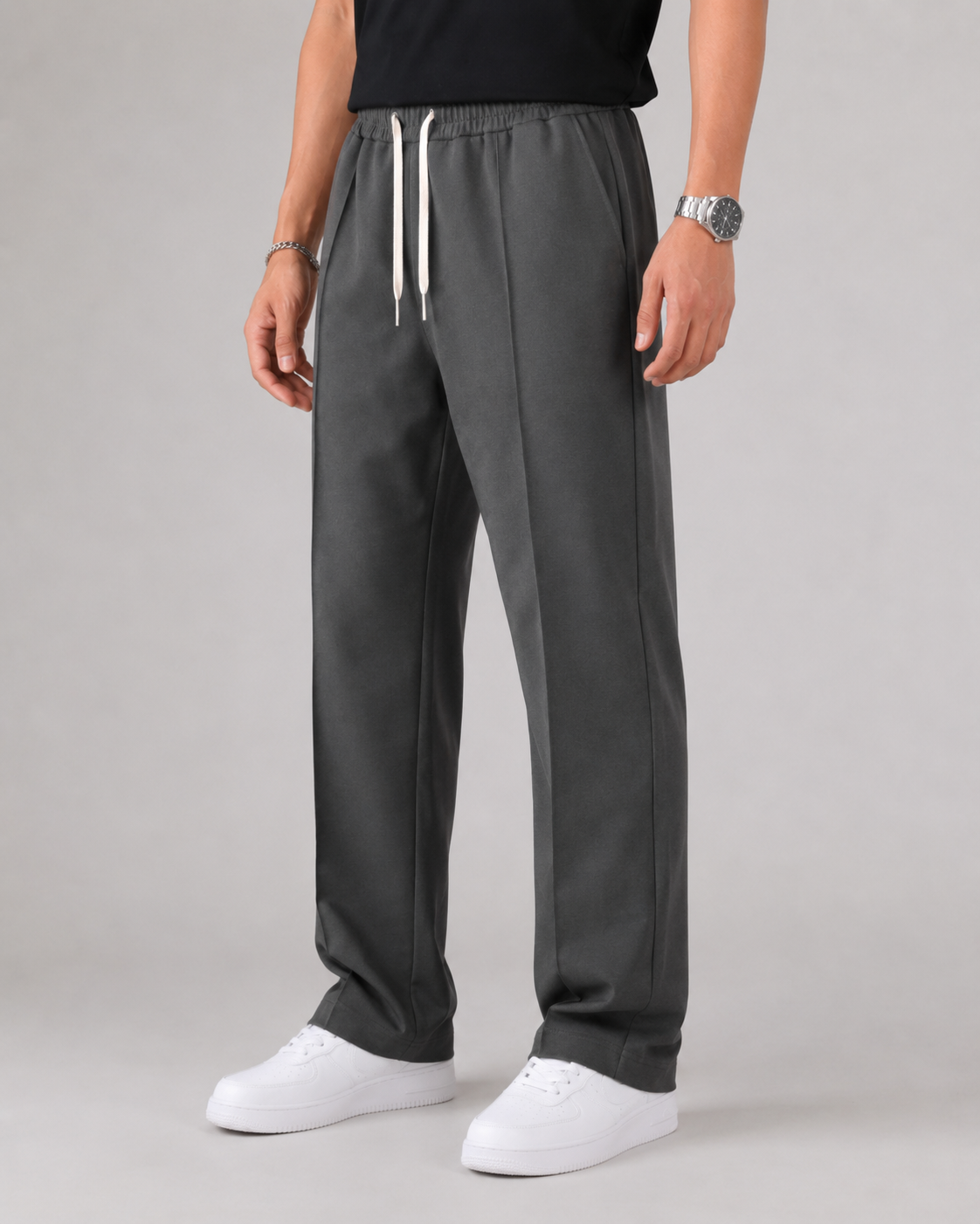 Men's Elasticated Waist Drawstring Trousers Smart Relaxed Leg