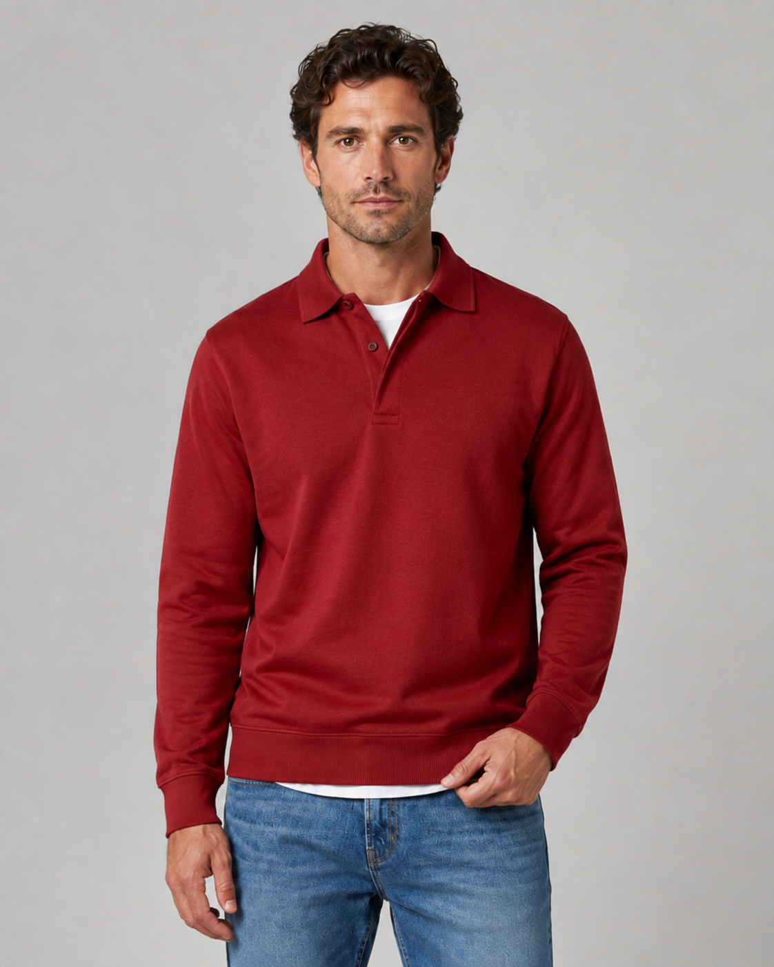 Men's Long-Sleeve Polo Sweatshirt Collared Button Neck
