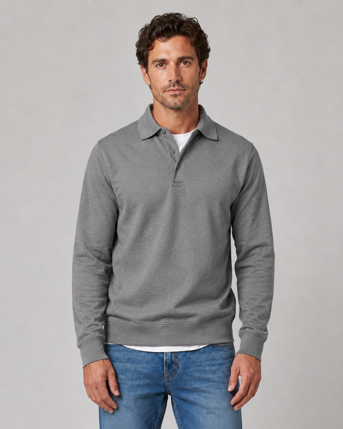 Men's Long-Sleeve Polo Sweatshirt Collared Button Neck