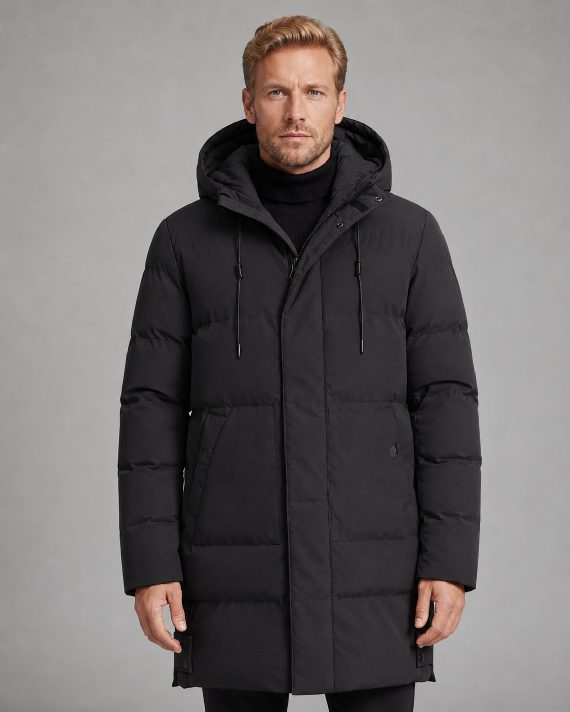 Men's Longline Hooded Puffer Coat Padded Mid-Length