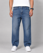 Men's Relaxed Straight Leg Jeans Loose Baggy Washed Denim