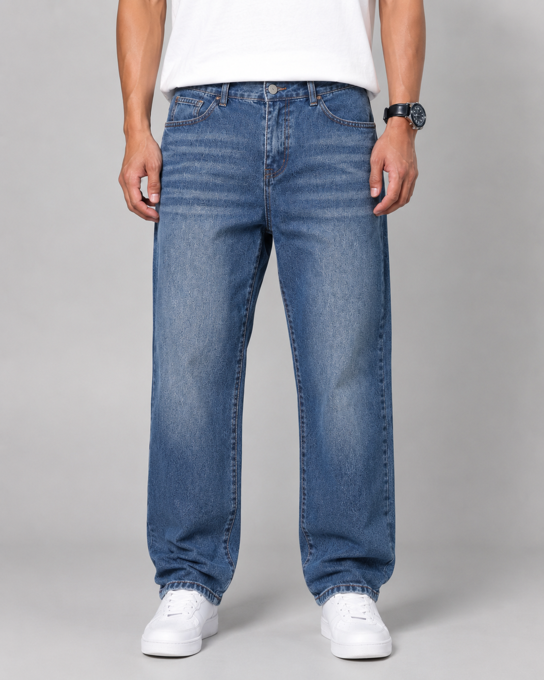 Men's Relaxed Straight Leg Jeans Loose Baggy Washed Denim