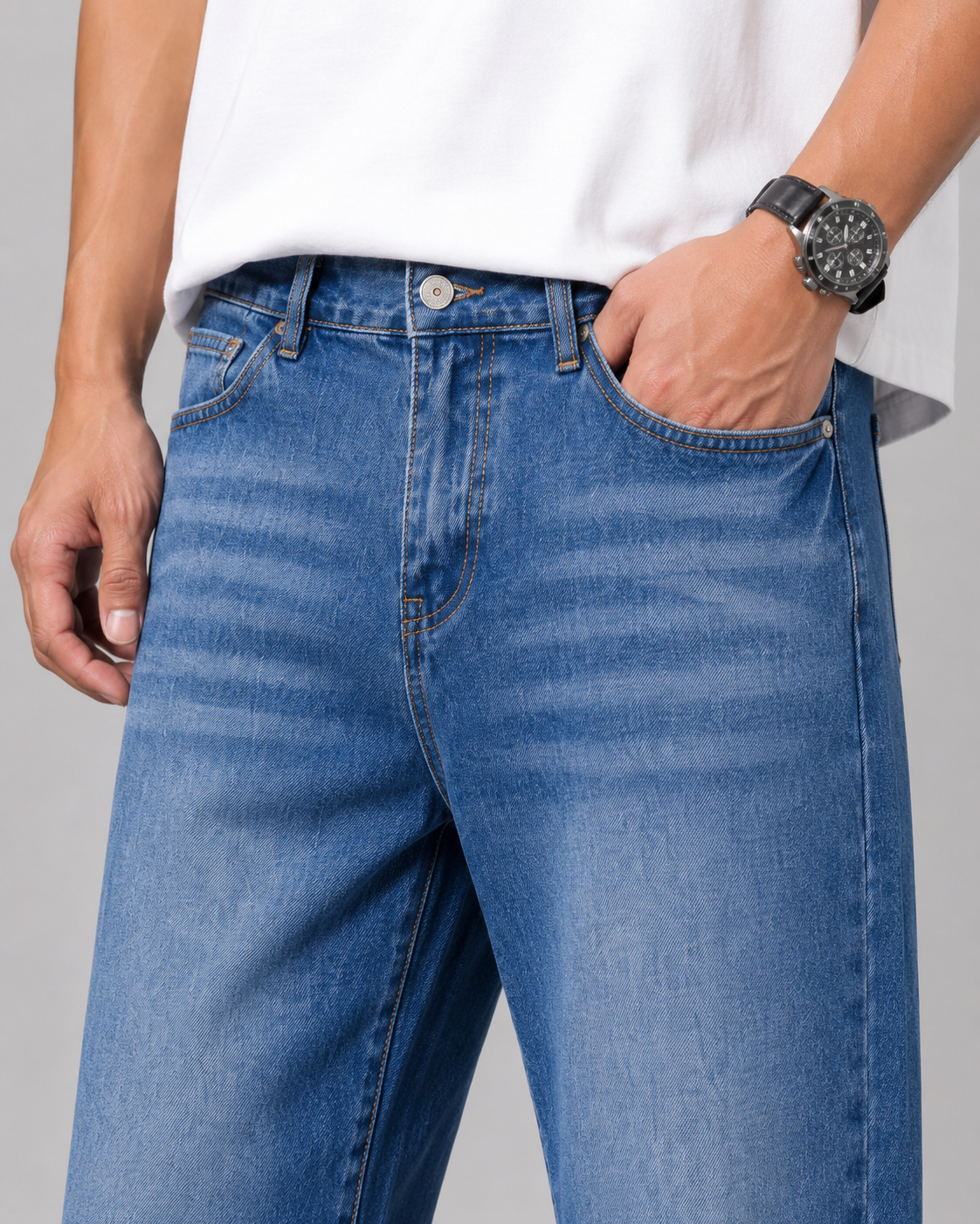 Men's Relaxed Straight Leg Jeans Loose Baggy Washed Denim