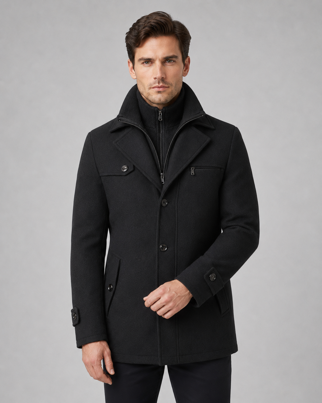 Men's Wool Coat Zip Insert Funnel Neck Tailored