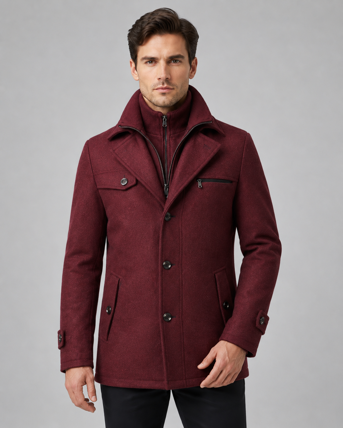 Men's Wool Coat Zip Insert Funnel Neck Tailored