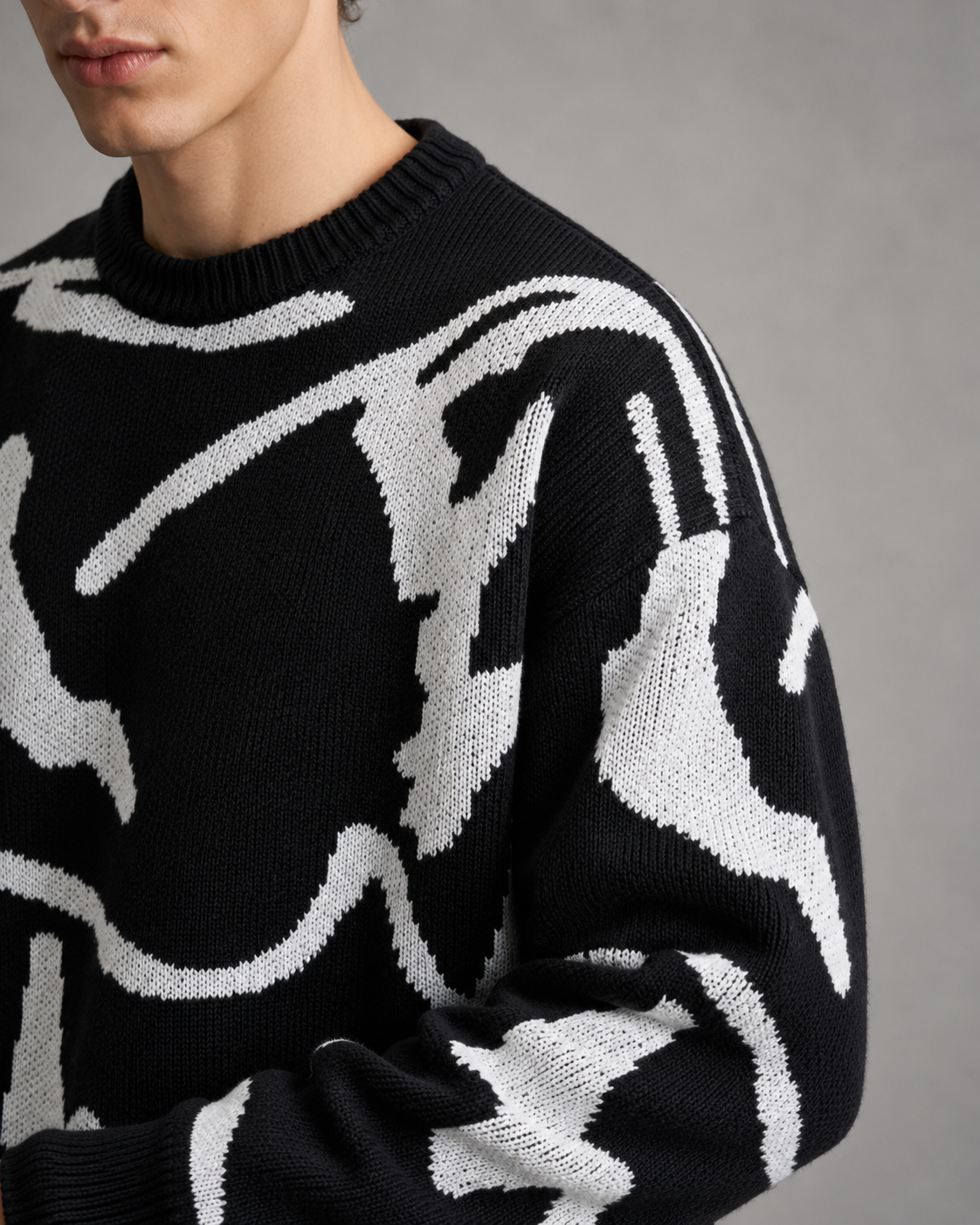 Men's Abstract Graphic Knit Sweater - Relaxed Drop Shoulder Fit