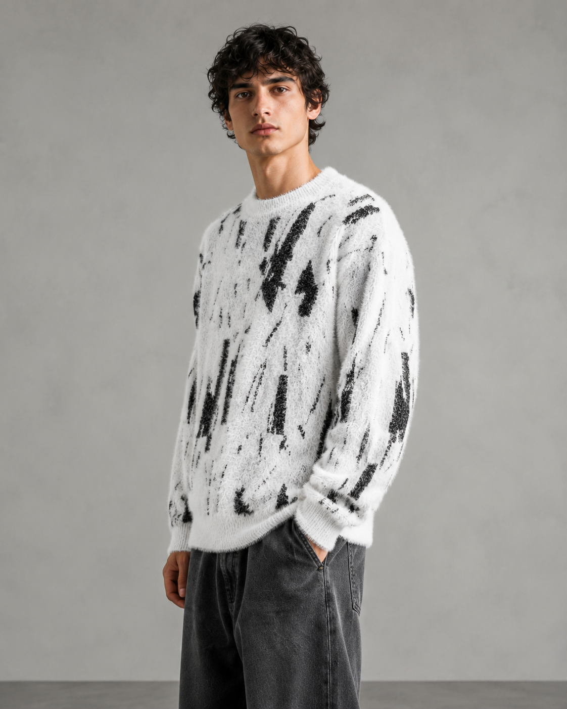 Men's Abstract Knit Sweater - Fuzzy Texture Relaxed Fit