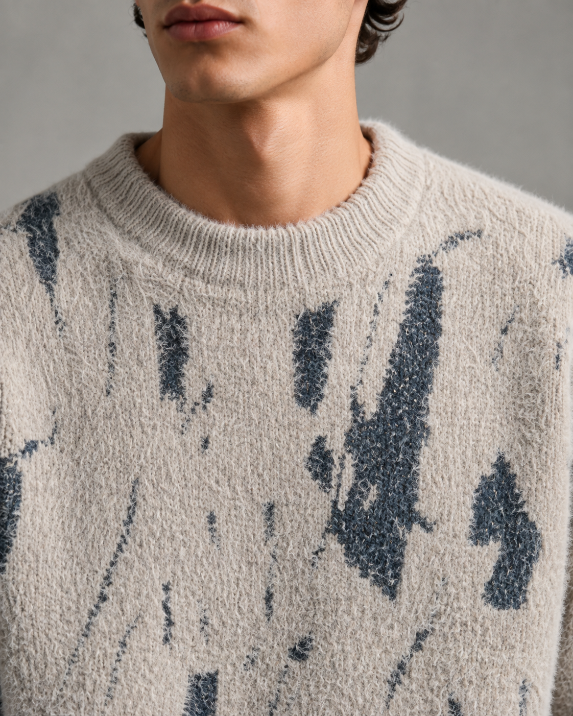 Men's Abstract Knit Sweater - Fuzzy Texture Relaxed Fit