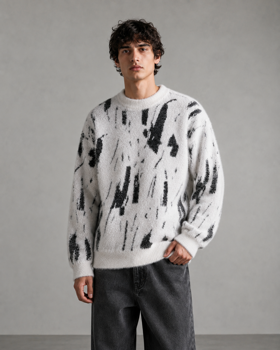 Men's Abstract Knit Sweater - Fuzzy Texture Relaxed Fit