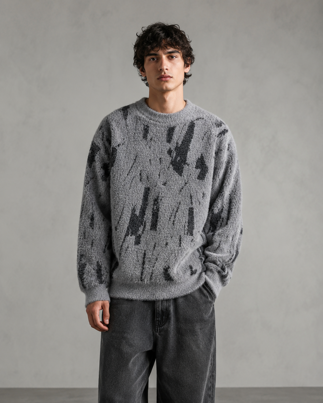 Men's Abstract Knit Sweater - Fuzzy Texture Relaxed Fit