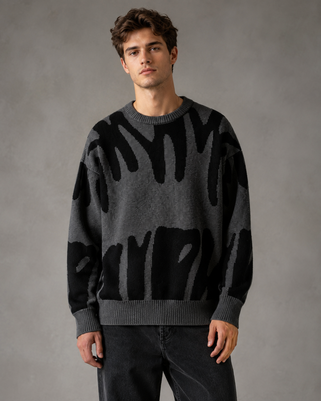 Men's Abstract Knit Sweater - Relaxed Drop Shoulder Streetwear Fit
