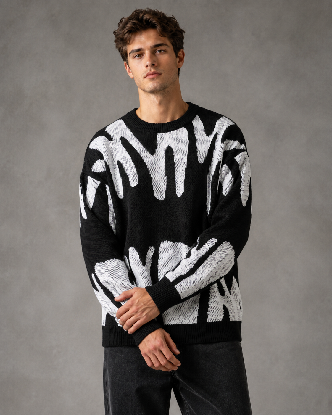 Men's Abstract Knit Sweater - Relaxed Drop Shoulder Streetwear Fit