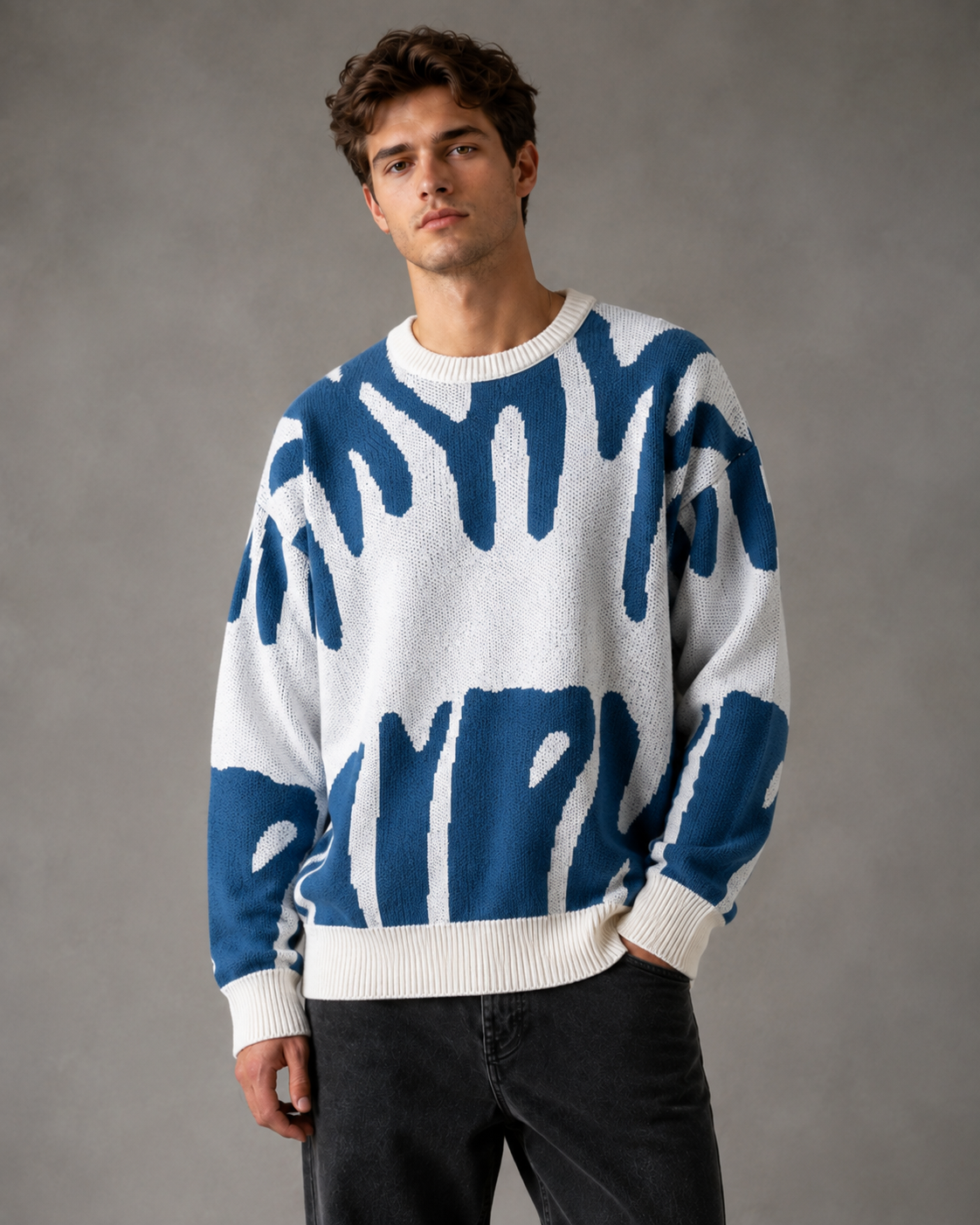 Men's Abstract Knit Sweater - Relaxed Drop Shoulder Streetwear Fit