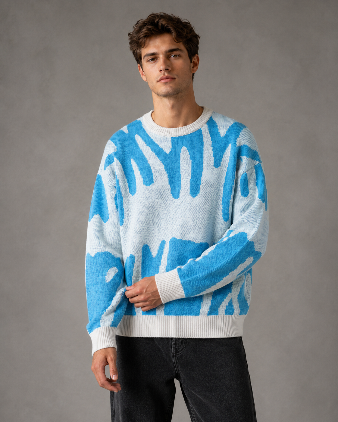 Men's Abstract Knit Sweater - Relaxed Drop Shoulder Streetwear Fit
