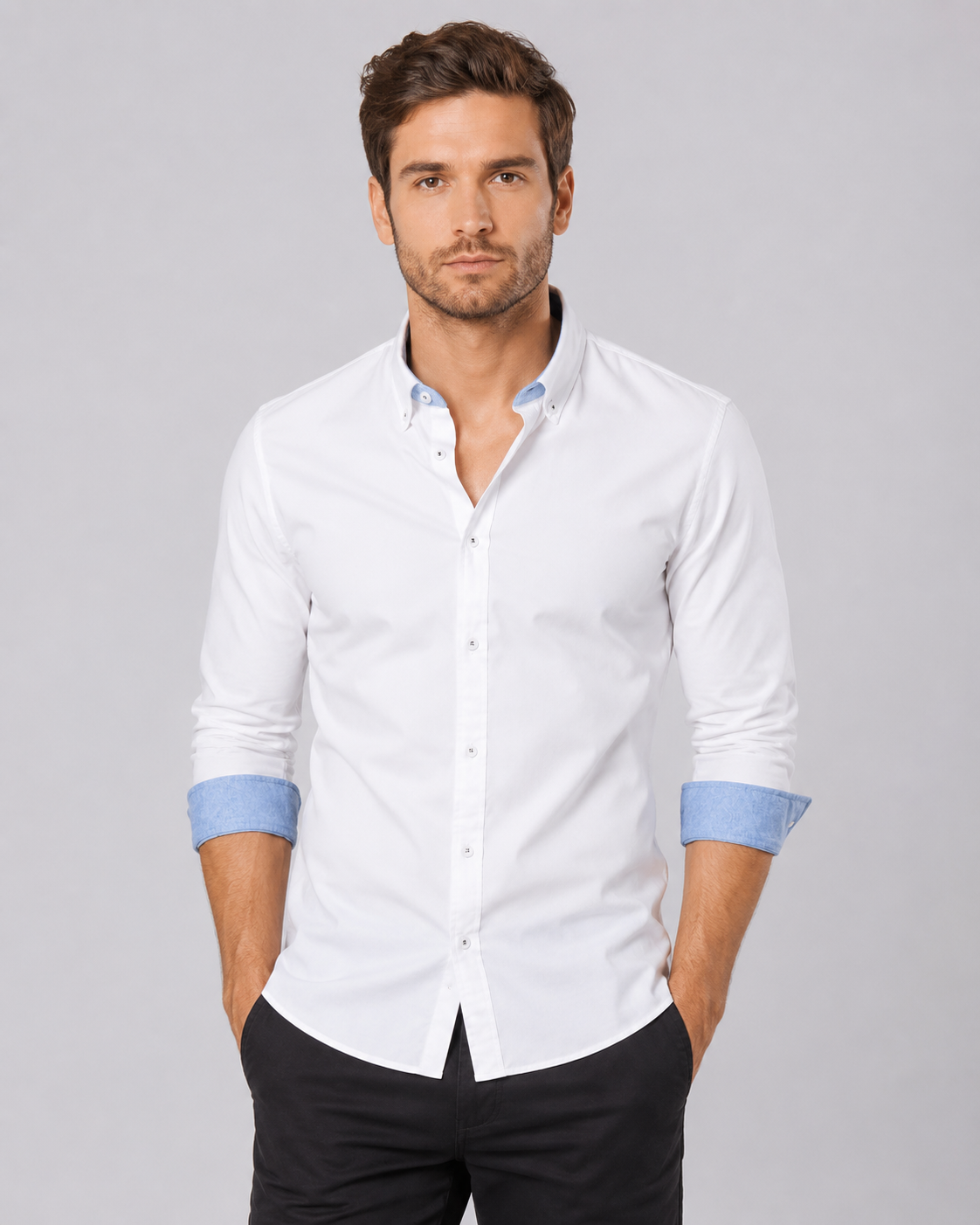 Men's Button-Down Shirt Long Sleeve Contrast Cuffs Slim Fit