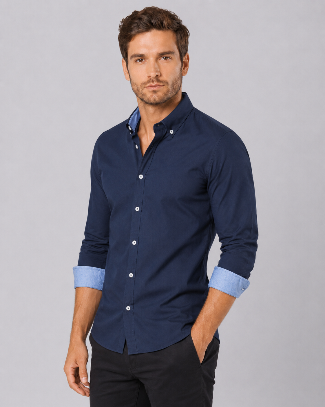 Men's Button-Down Shirt Long Sleeve Contrast Cuffs Slim Fit