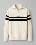 Men's Cable Knit Quarter Zip Sweater - Striped Ribbed Collar