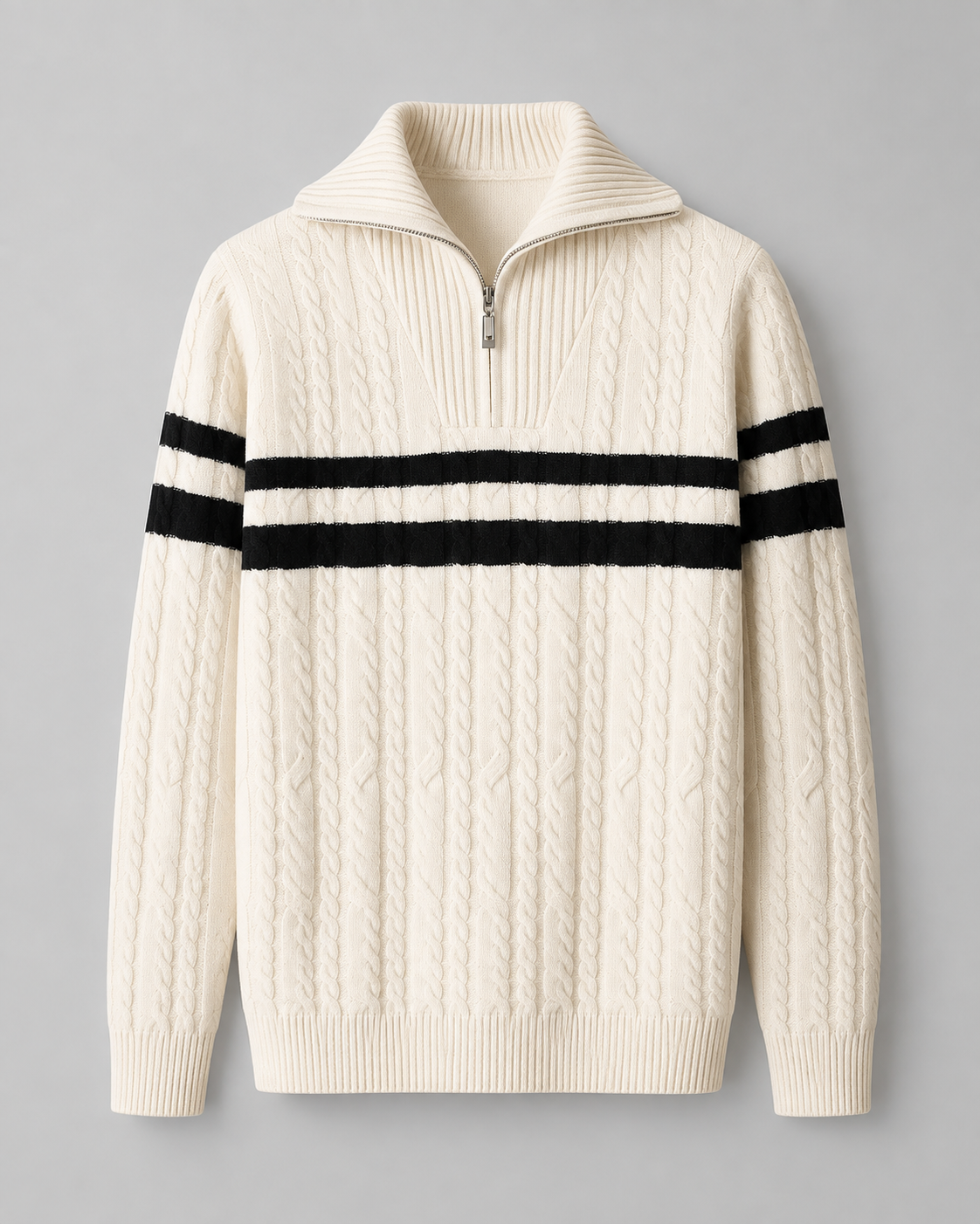 Men's Cable Knit Quarter Zip Sweater - Striped Ribbed Collar