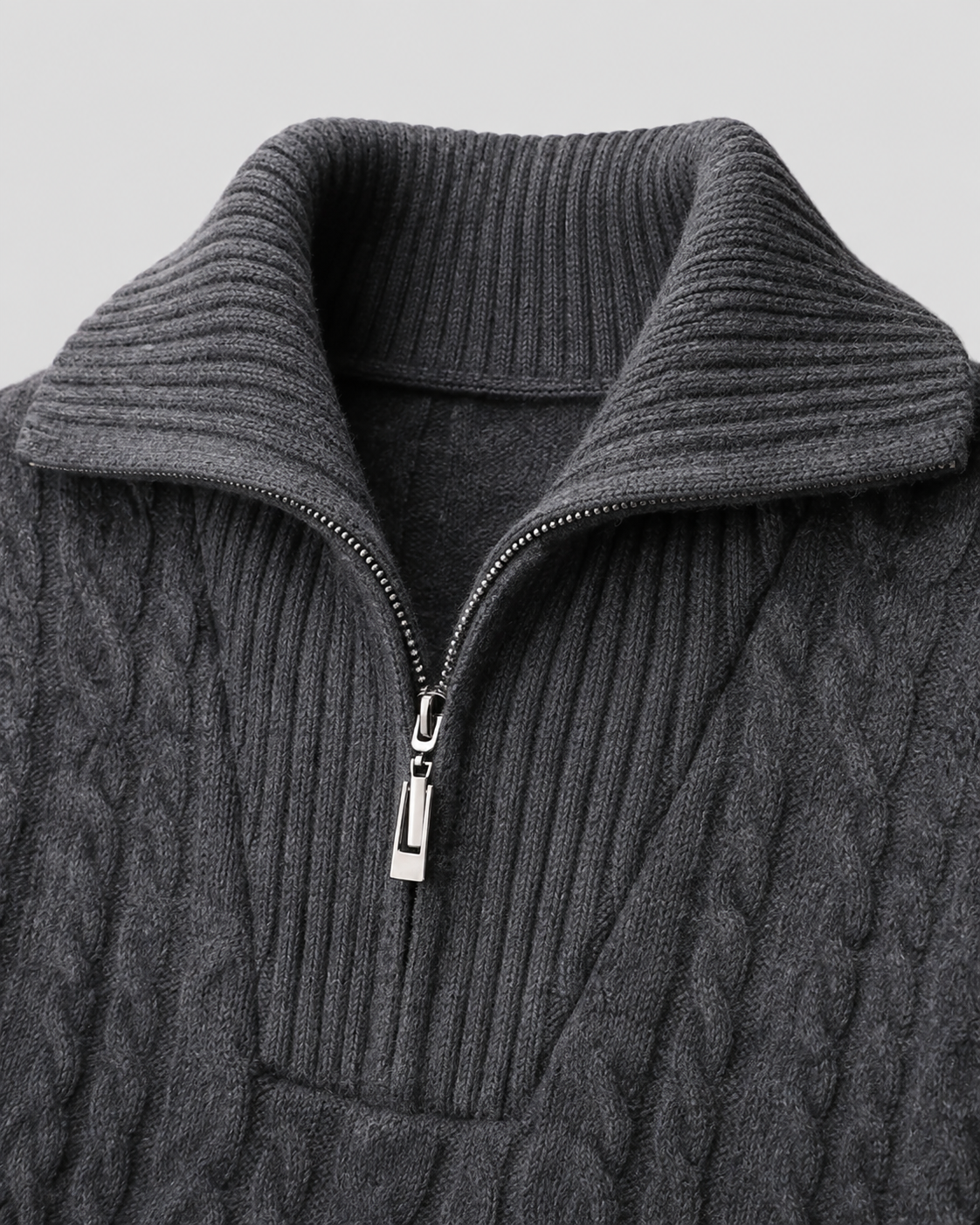 Men's Cable Knit Quarter Zip Sweater - Striped Ribbed Collar
