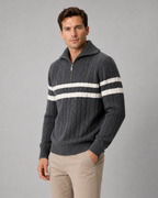 Men's Cable Knit Quarter Zip Sweater - Striped Ribbed Collar