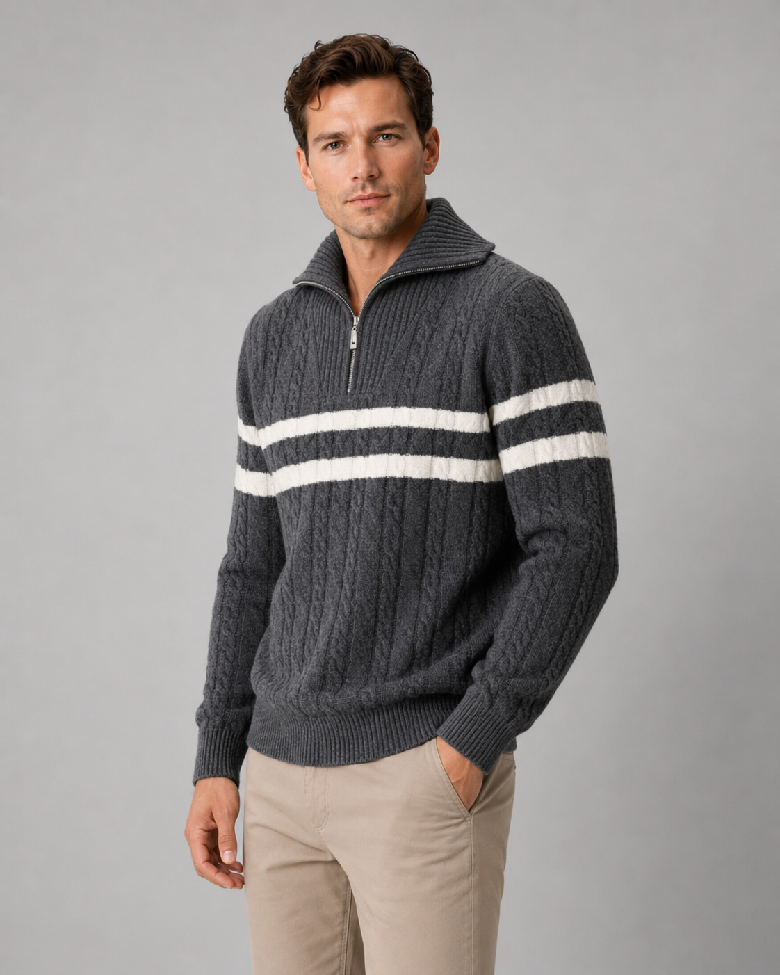 Men's Cable Knit Quarter Zip Sweater - Striped Ribbed Collar