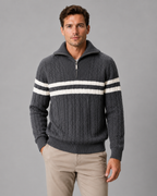 Men's Cable Knit Quarter Zip Sweater - Striped Ribbed Collar