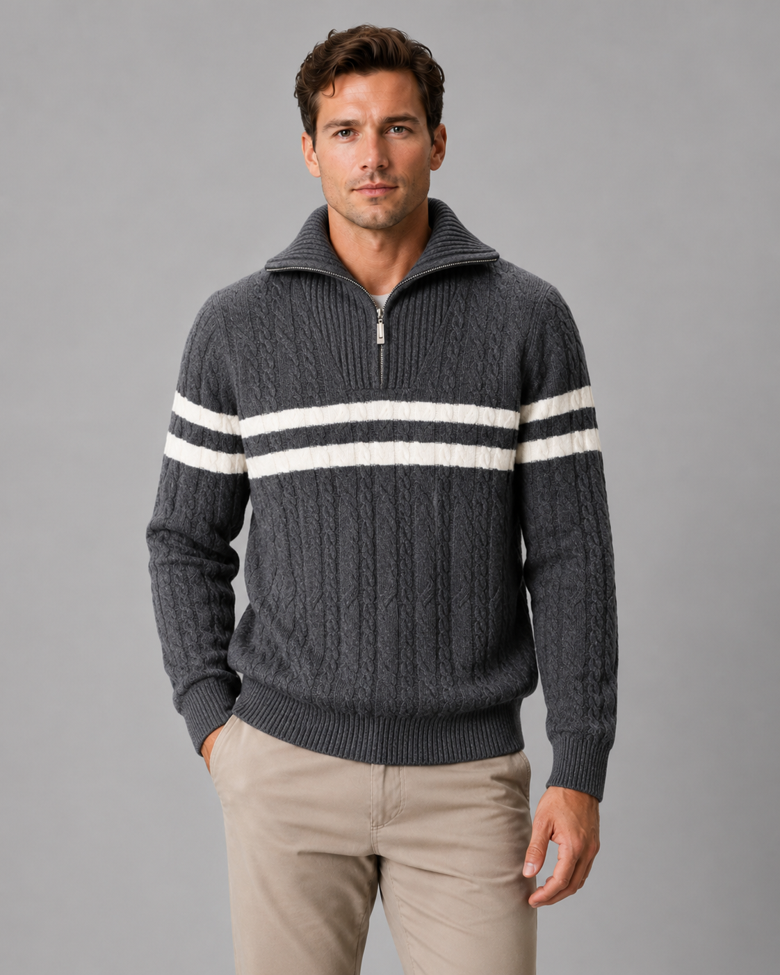 Men's Cable Knit Quarter Zip Sweater - Striped Ribbed Collar