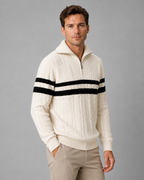 Men's Cable Knit Quarter Zip Sweater - Striped Ribbed Collar