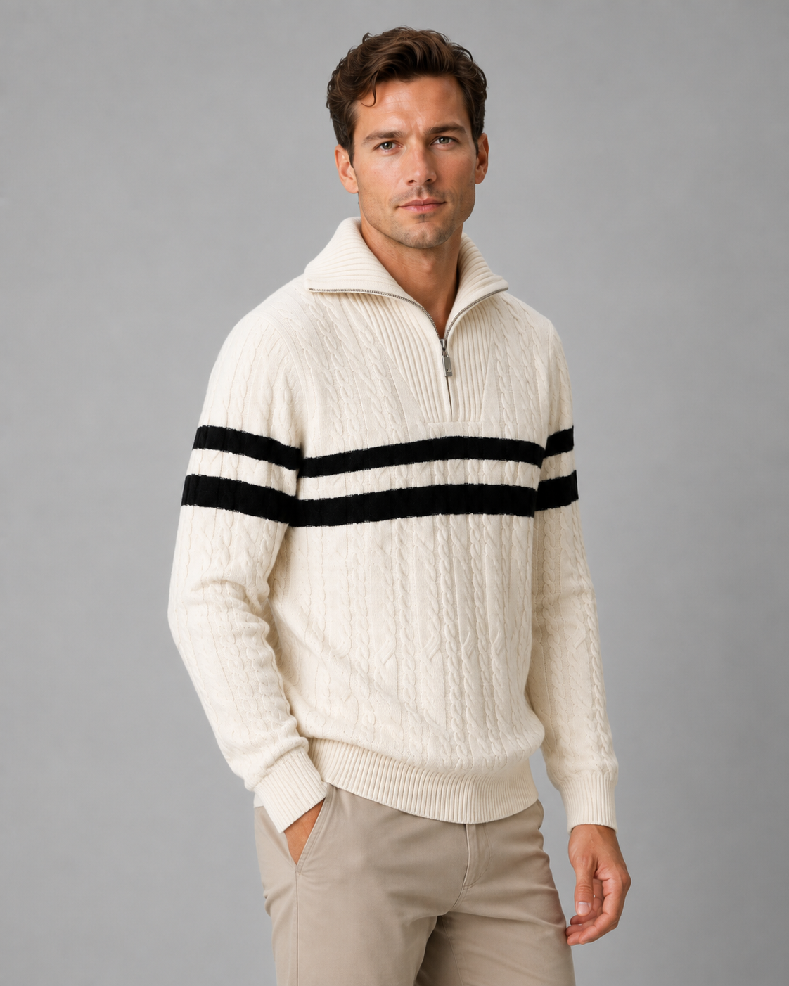 Men's Cable Knit Quarter Zip Sweater - Striped Ribbed Collar