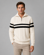Men's Cable Knit Quarter Zip Sweater - Striped Ribbed Collar