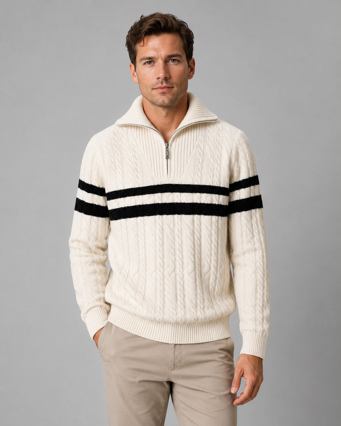 Men's Cable Knit Quarter Zip Sweater - Striped Ribbed Collar