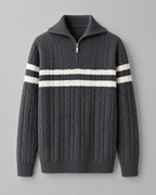 Men's Cable Knit Quarter Zip Sweater - Striped Ribbed Collar