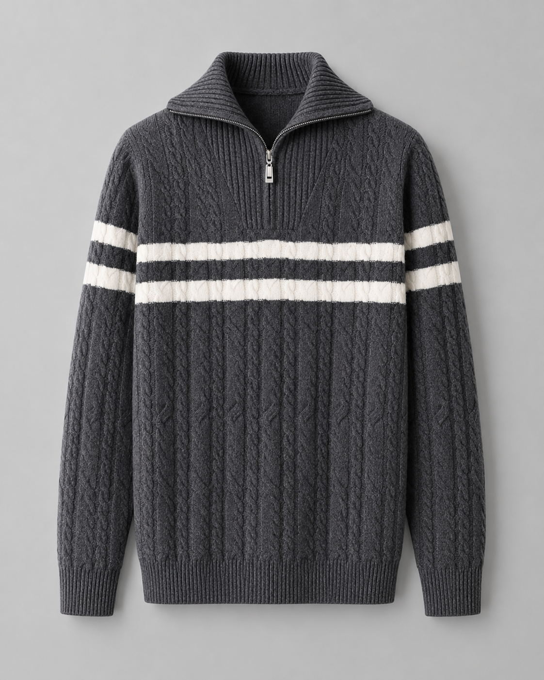 Men's Cable Knit Quarter Zip Sweater - Striped Ribbed Collar