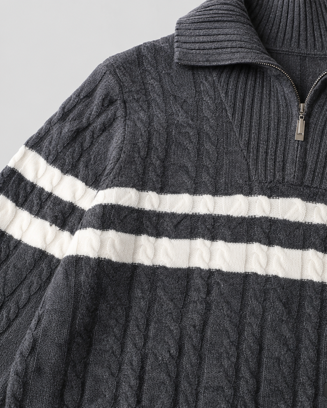 Men's Cable Knit Quarter Zip Sweater - Striped Ribbed Collar