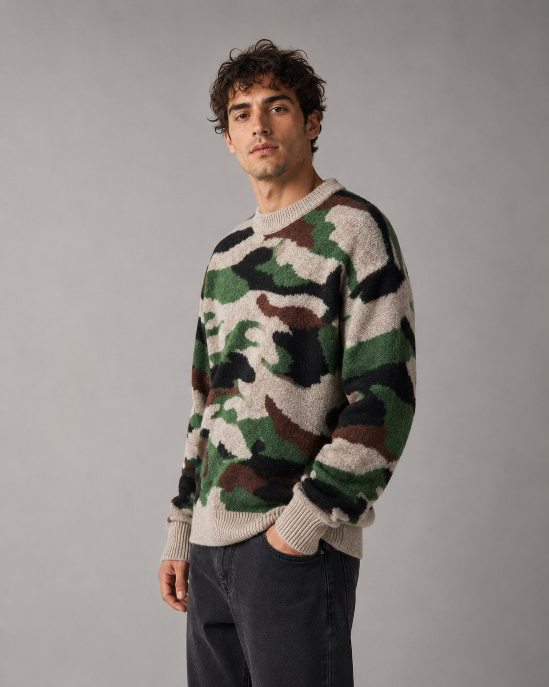 Men's Camo Knit Sweater - Relaxed Crew Neck Streetwear Fit